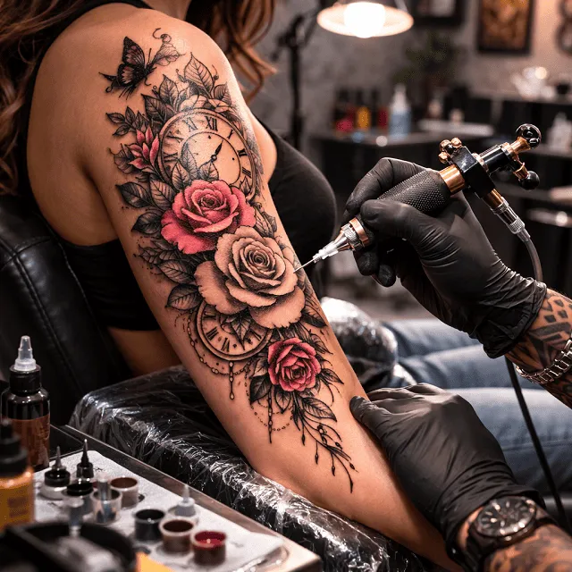 Professional body tattoo fine line art design in Dubai tattoo studio